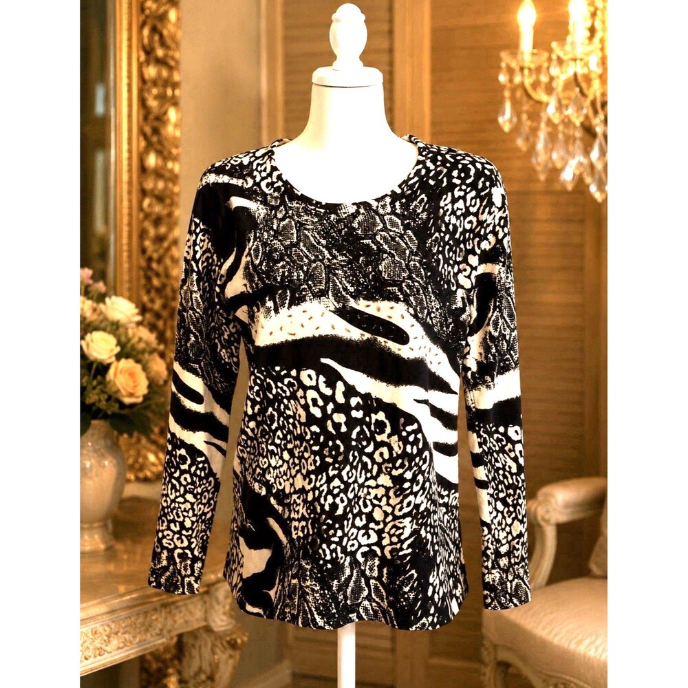 Pierri New York S Beaded Animal Print Stretch Knit Top Black White